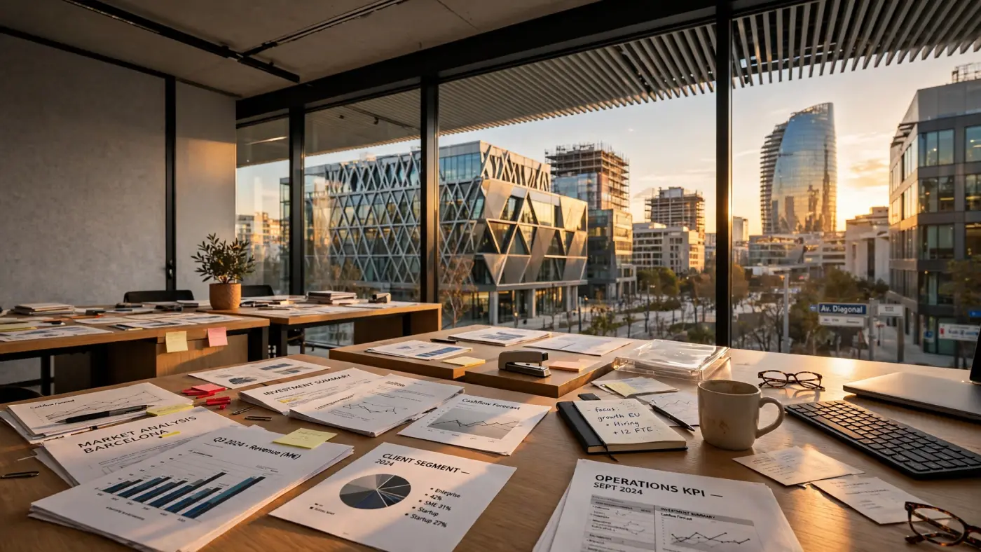 Distrito financiero moderno en Barcelona al atardecer con fachadas de edificios contemporáneos