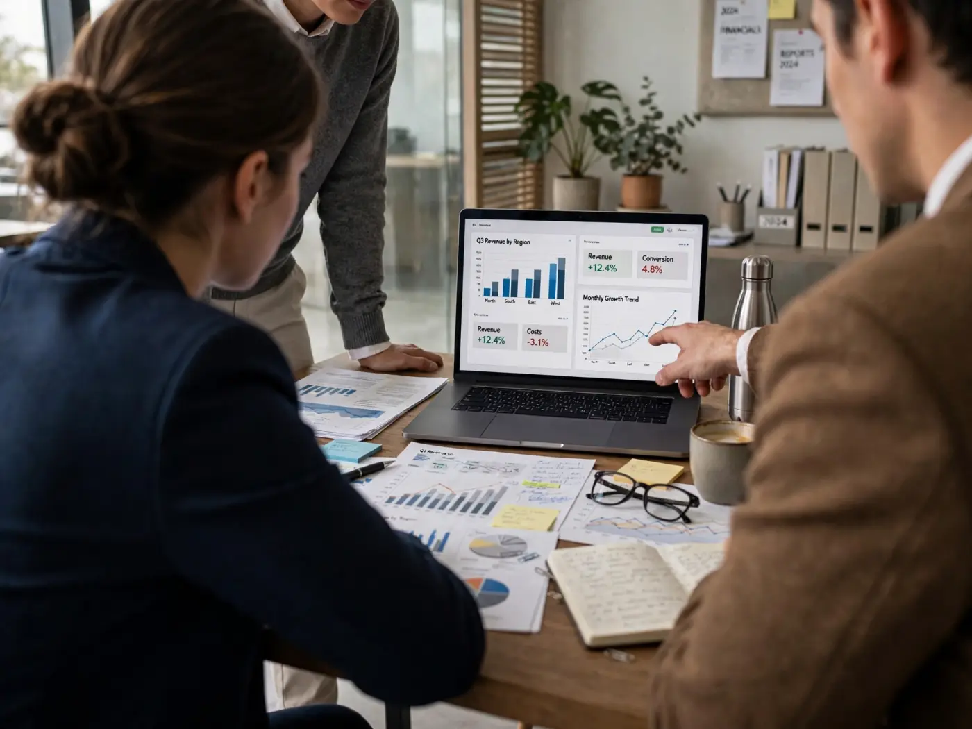 Grupo de personas revisando gráficos financieros en un portátil en una oficina profesional