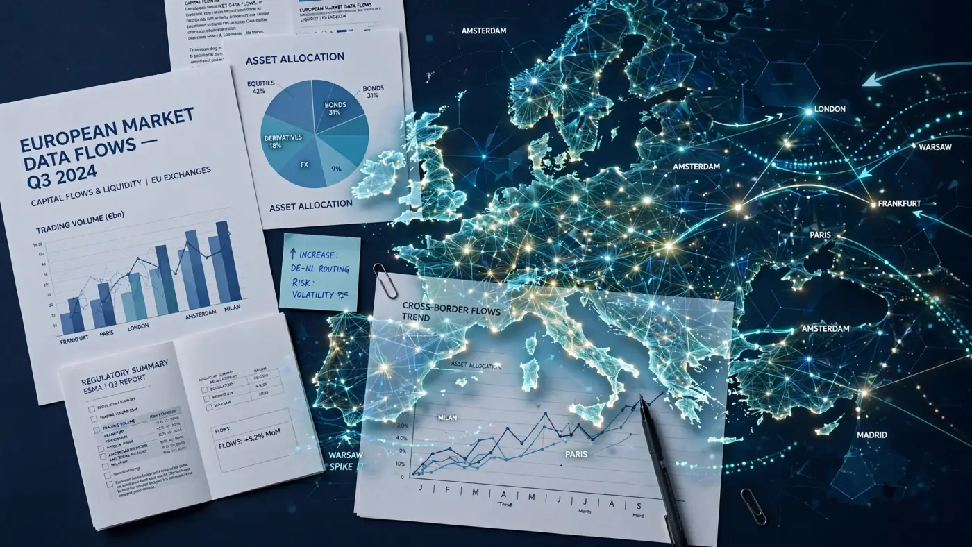 Visualización abstracta de flujos de datos de mercados europeos con líneas y nodos sobre fondo azul oscuro