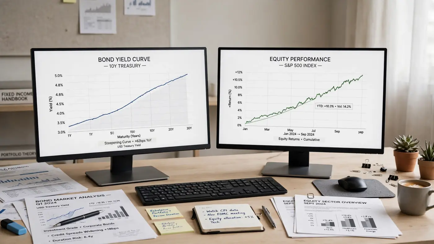 Espacio de trabajo de analista con dos monitores mostrando gráficos conceptuales de renta fija y variable